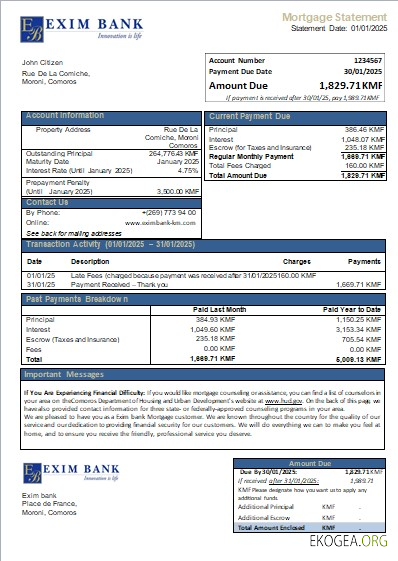 Comores Exim bank relevé hypothécaire scr